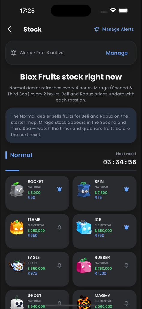 Blox Fruits: Values & Trades - Blox Fruits In-Game-Liste mit aktuellen Preisen und Reset-Timer