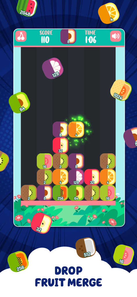 Pantalla de juego móvil que muestra bloques de frutas numerados fusionándose en un puzzle de pila.
