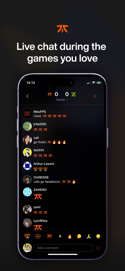Captura de pantalla de la aplicación Fnatic que muestra la función de sala de chat en vivo donde los fans interactúan con emojis durante partidos de esports