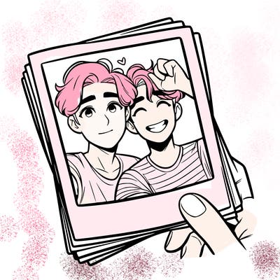 realistic, best friends taking a polaroid picture