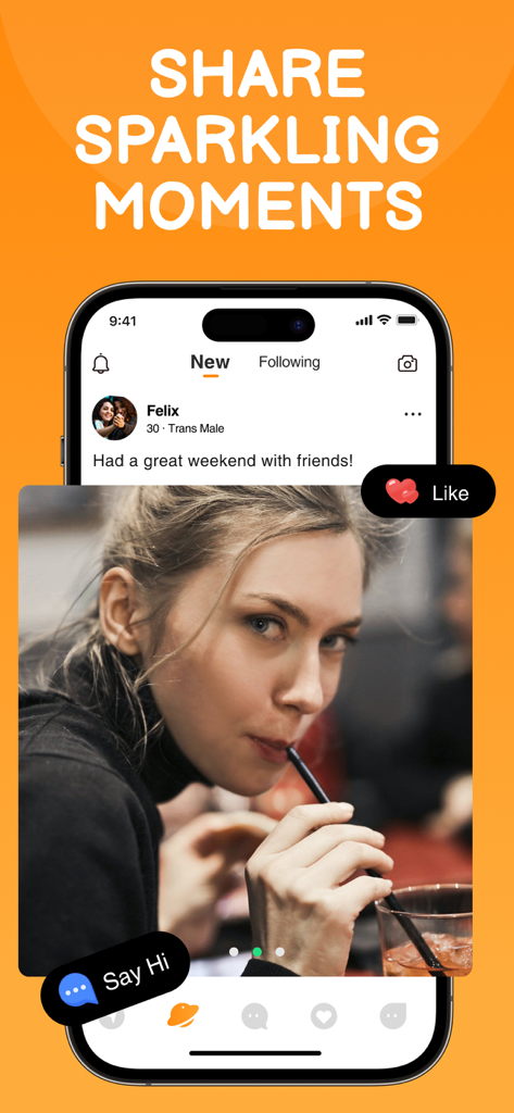 Transgender Dating: IC - Interfaz de la app TransFun mostrando una publicación en el feed social con el titular Comparte Momentos Brillantes.