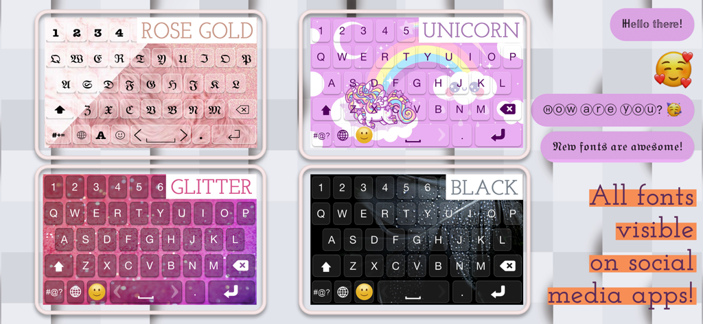 KeyPro – Keyboard Themes Fonts - Una exhibición de cuatro temas de teclado estéticos y fuentes personalizadas para redes sociales de KeyPro, incluyendo estilos de Oro Rosa y Unicornio