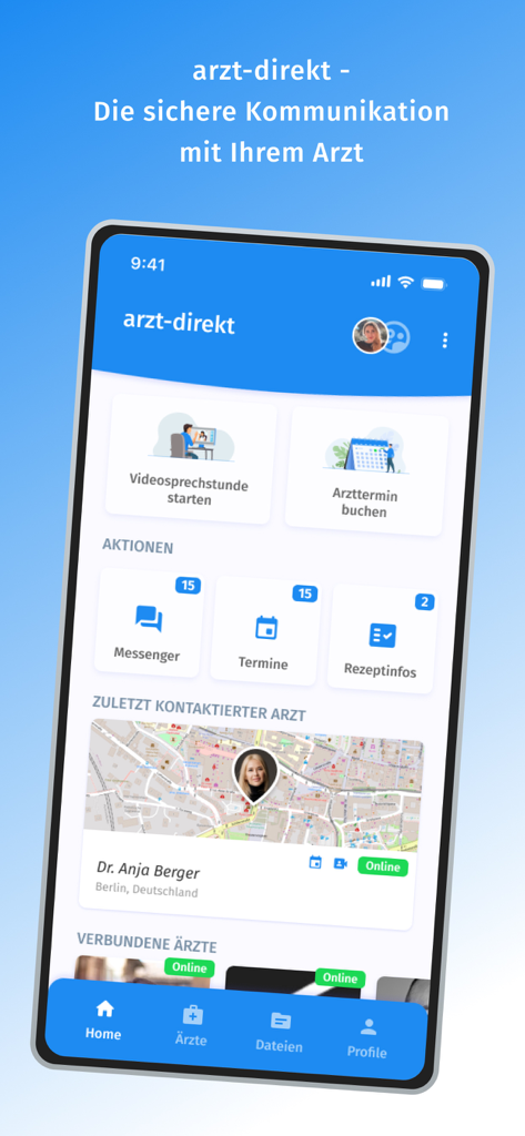 arzt-direkt - Smartphone display of the arzt-direkt app showing video consultation and medical appointment features