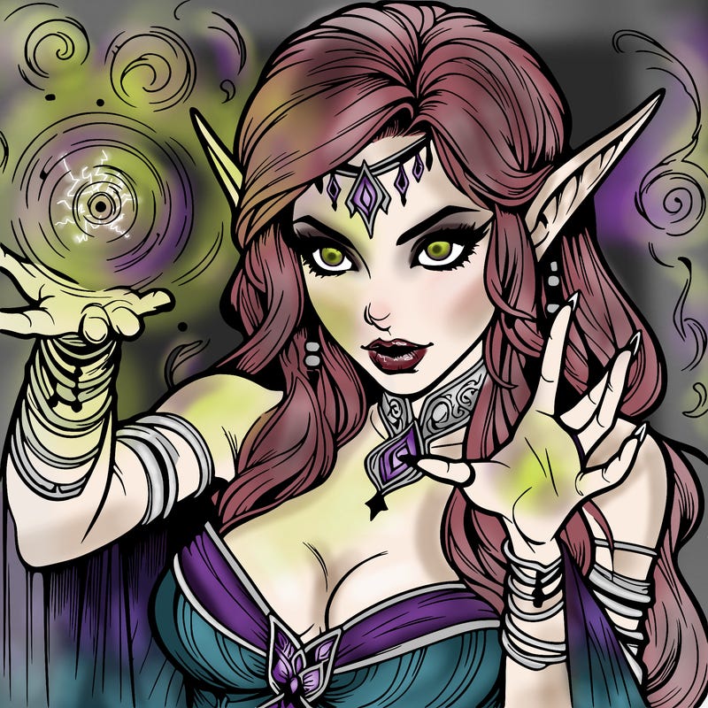 realistic scary beautiful elf sorceress casting spell