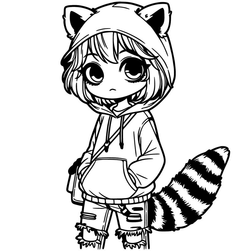 young girl with short hair,raccoon hoodie,a raccoon ears headband,ripped jeans,and a raccoon tail
