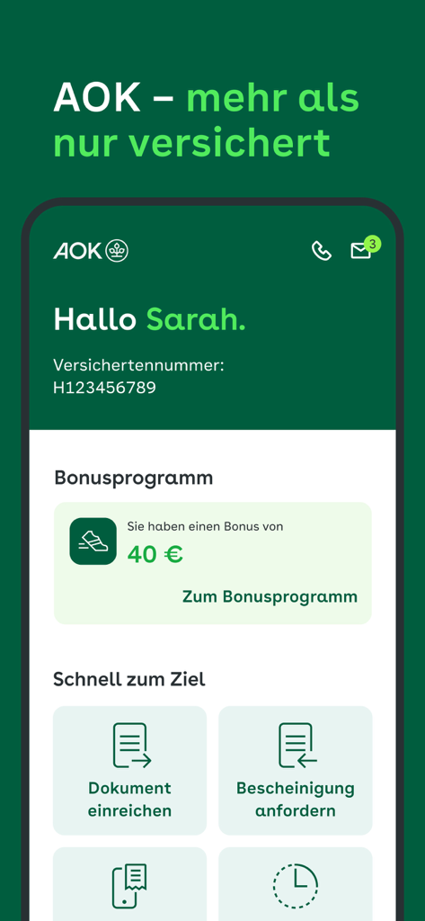 Meine AOK - La pantalla de inicio de la aplicación de seguro médico Meine AOK que muestra un saludo personalizado y recompensas de bonificación