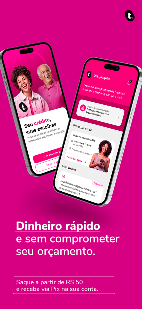 Dois smartphones exibindo a interface do aplicativo meutudo com opções de empréstimos digitais rápidos e antecipação do FGTS