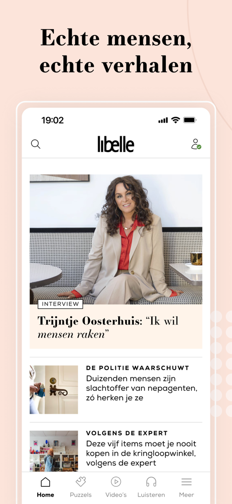 Libelle.nl - 여성을 위한 네덜란드 라이프스타일 기사와 개인적인 이야기를 보여주는 Libelle 앱의 홈 화면.