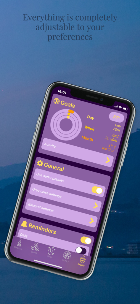 Pantalla de la aplicación MYditation que muestra objetivos de meditación y configuraciones de personalización de audio.