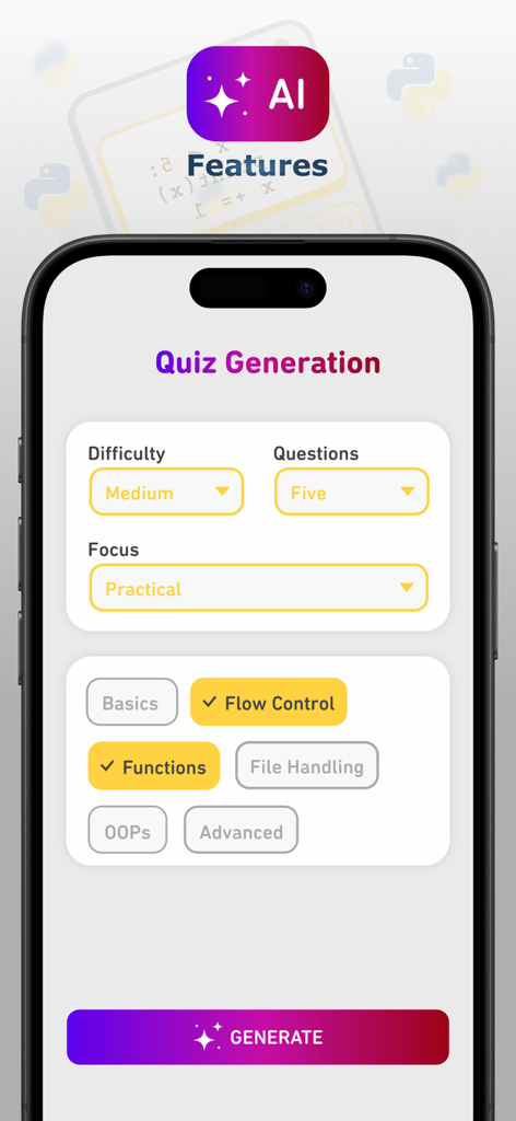 Python Quizz - AI-powered quiz generation screen in Python Quizz app showing difficulty and topic selection options.