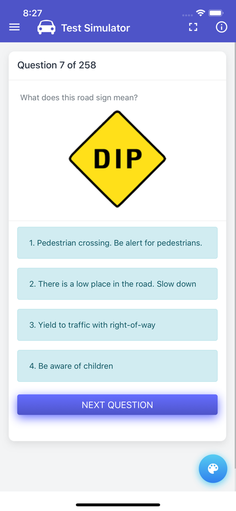 Interface do aplicativo Teste Prático DVS de Minnesota mostrando uma pergunta de múltipla escolha sobre o significado de um sinal de trânsito AMARELO DIP.