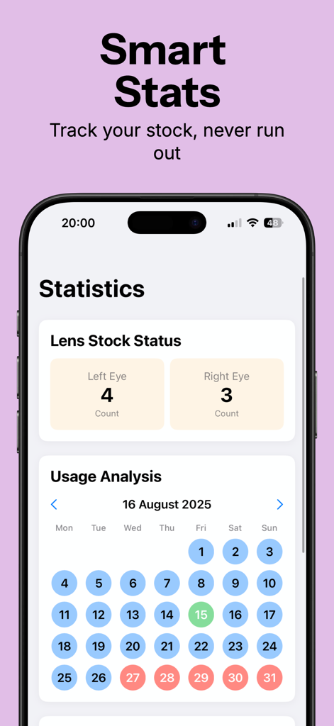 The Lens Tracker app statistics interface showing contact lens stock levels for each eye and a monthly usage calendar.