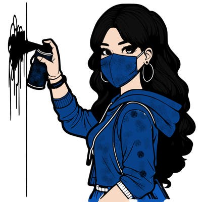realistic girl with mask spray painting a wall
