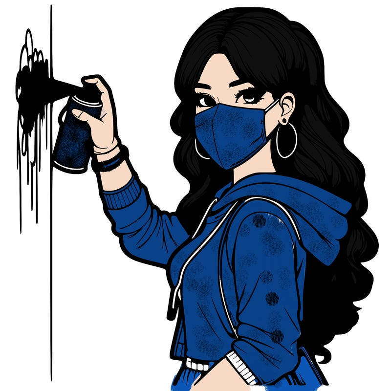 realistic girl with mask spray painting a wall