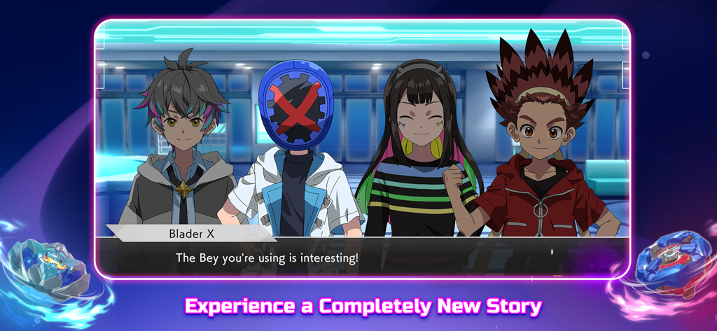 Crunchyroll: Beyblade X Xone - Four anime characters from Beyblade X Xone story mode with text Experience a Completely New Story