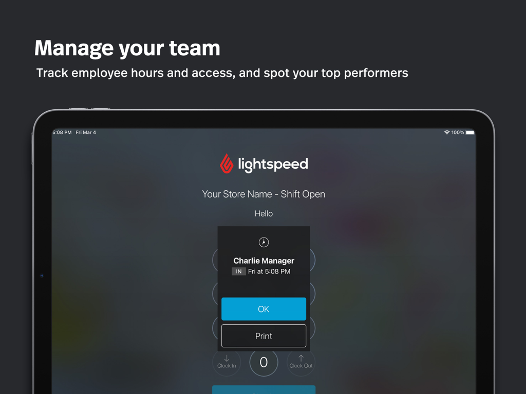 Interfaz de gestión de equipos y registro de empleados de Lightspeed Retail POS en un iPad