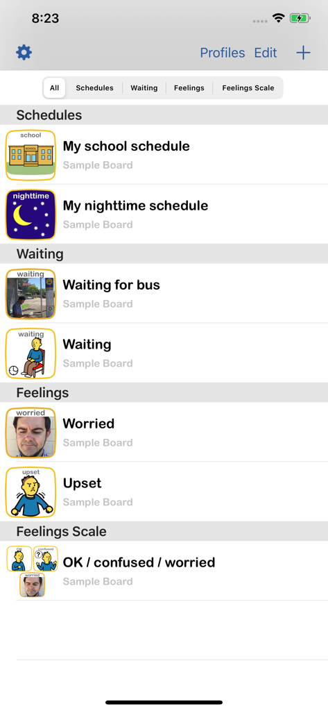 Choiceworks - Main menu of the Choiceworks app showing options for schedules, waiting boards, and feelings scales.