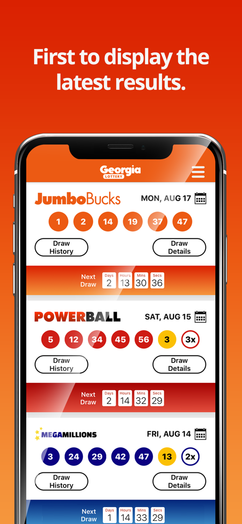 Pantalla principal de la aplicación Loteria Resultados Georgia mostrando números ganadores para Jumbo Bucks, Powerball y Mega Millions con cuenta regresiva del sorteo.