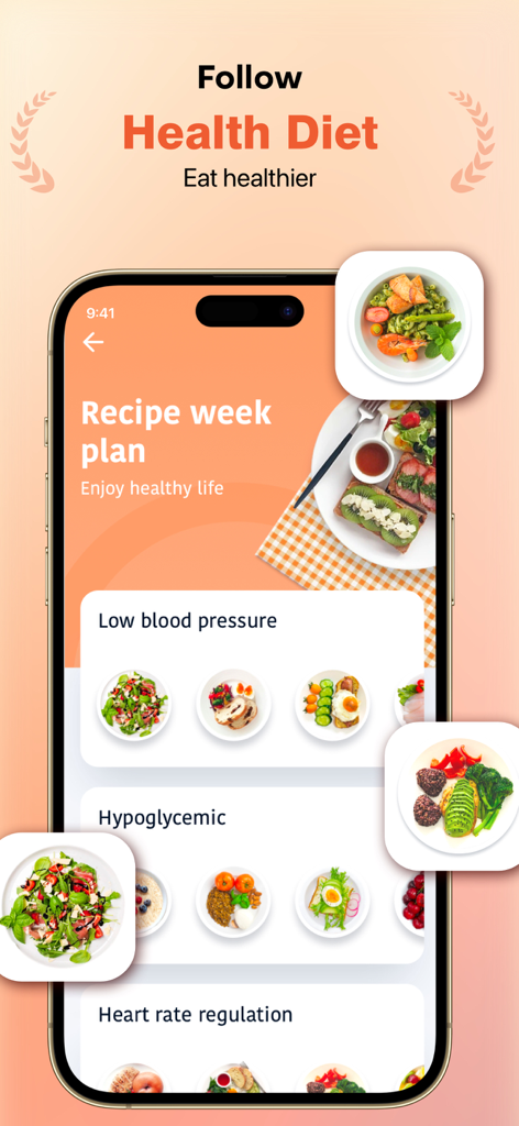 PulsePro mobile app showing a weekly recipe plan with healthy meal categories for blood pressure and heart rate regulation.