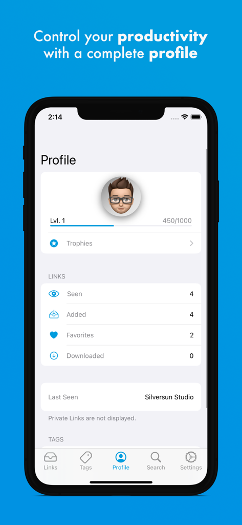iLinks - iLinks profile screen showing user level progress and link usage statistics like links seen and favorites
