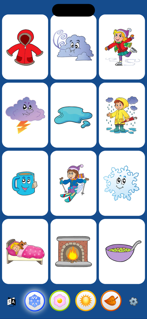 Sound Touch - Seasons (School) - Educational grid of winter themed interactive cards featuring illustrations like snowflakes skiing and warm clothing