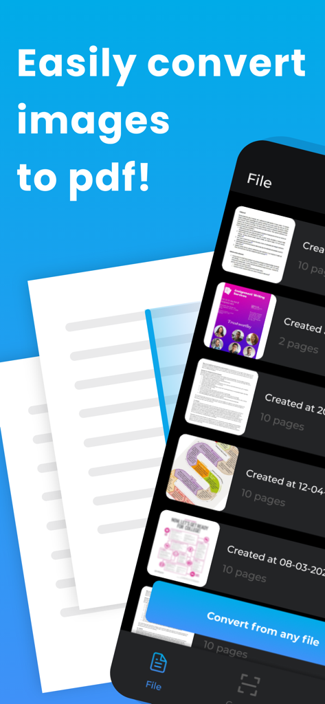 PDF PRO Scan Image & Documents - A mobile app interface displaying a document list and a button to convert images to PDF