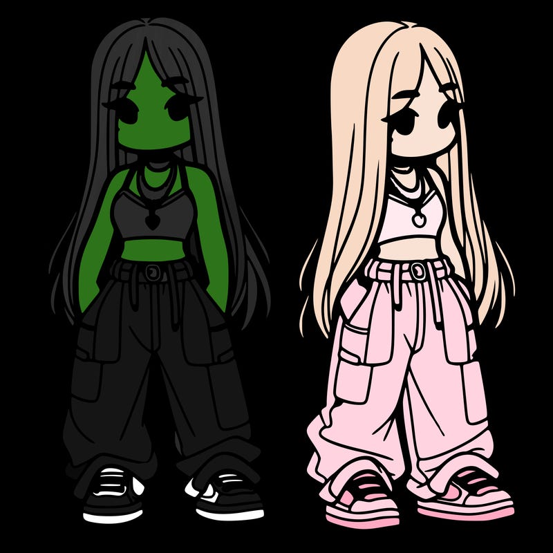 girl in baggy pants crop top and long hair