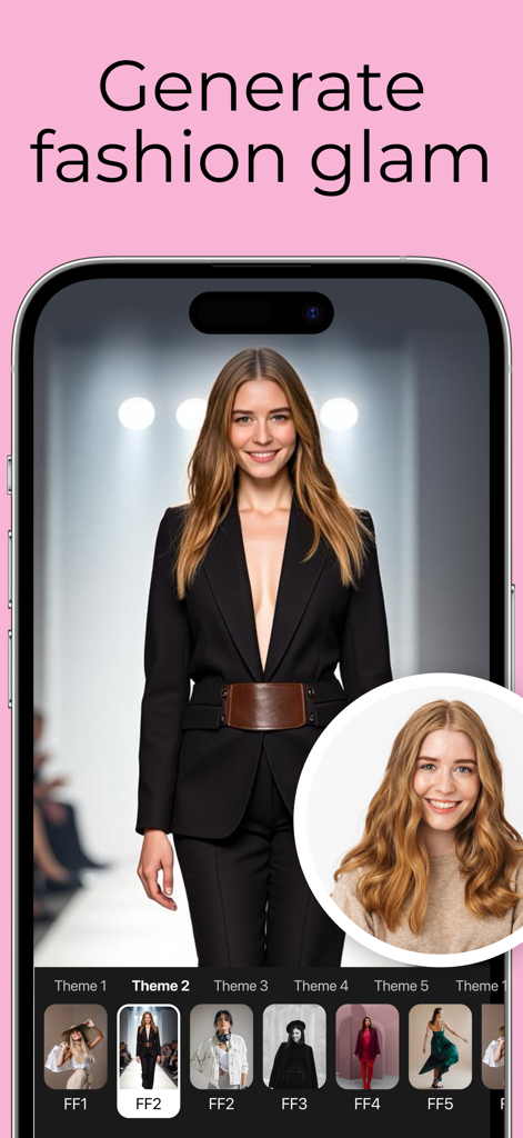 PhotoBoost - AI Photo Enhancer - PhotoBoost app interface showing the AI fashion glam avatar generation feature