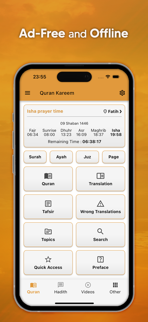 The home screen of the Quran and Tafsir ASR-I SAADET app showing daily prayer times and navigation for Quran and Tafsir study tools.