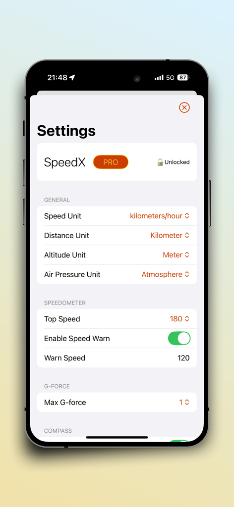 The settings screen of the SpeedX app showing options for units of measurement and speedometer warnings.