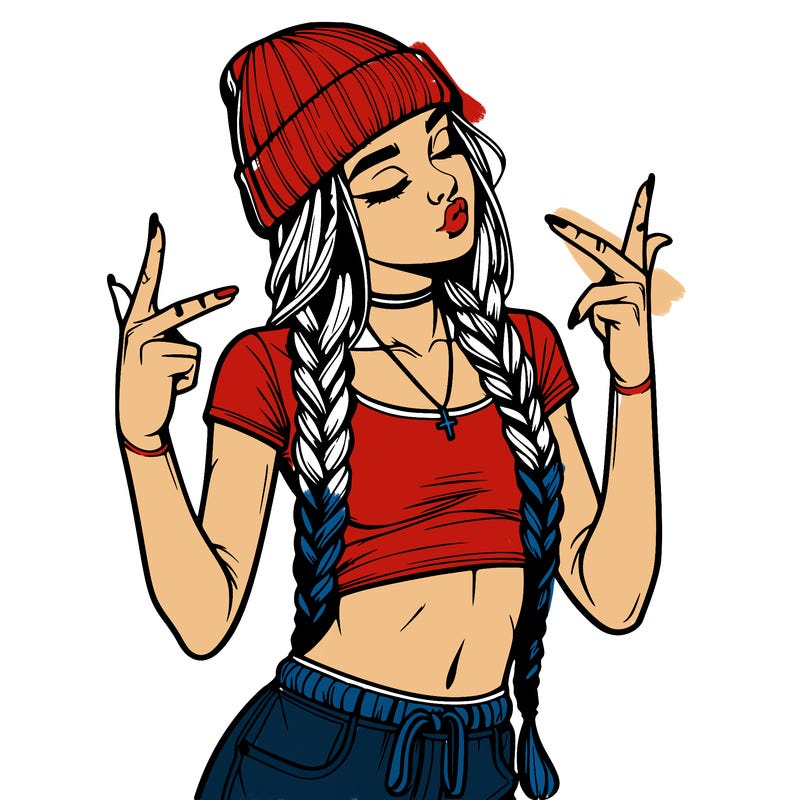 realistic teenage girl with braids and a beanie and crop top doing 🫶🏼