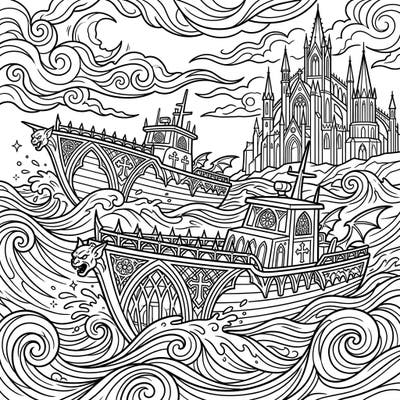 Embark on a captivating journey with this unique Gothic Patrol Boats coloring page. Featuring dramatically styled vessels amidst turbulent waters and a foreboding castle, it offers an immersive and intricate artistic challenge.