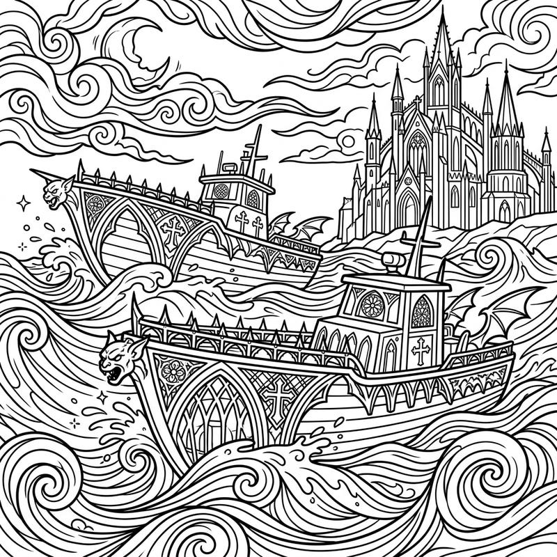 Embark on a captivating journey with this unique Gothic Patrol Boats coloring page. Featuring dramatically styled vessels amidst turbulent waters and a foreboding castle, it offers an immersive and intricate artistic challenge.