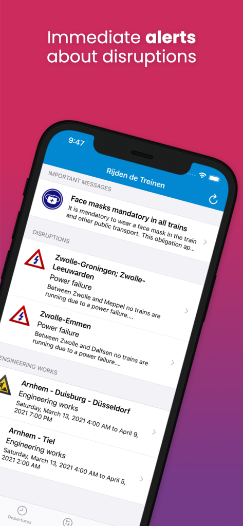Interfaccia dell'app dei treni olandesi che mostra avvisi di interruzione del servizio in tempo reale e aggiornamenti di manutenzione in inglese