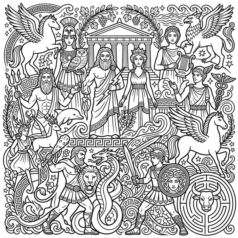 Explore the powerful deities, legendary heroes, and mythical creatures of Ancient Greece on this intricate coloring page. Perfect for fans of mythology, this template offers a unique opportunity to immerse yourself in classical tales through art.