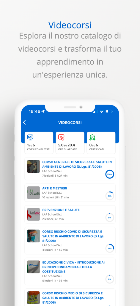 Lafschool - Dashboard dell'app Lafschool che mostra un catalogo di corsi video educativi con monitoraggio dei progressi per le certificazioni di salute e sicurezza