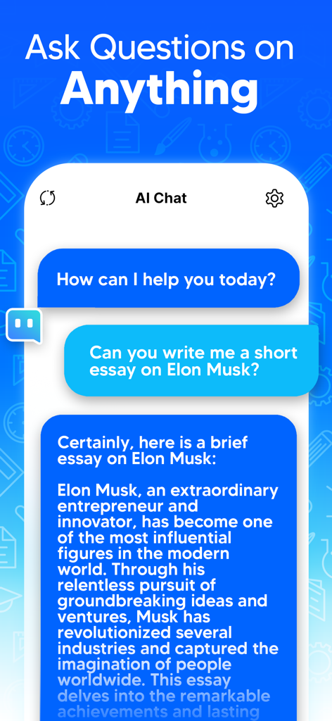 Chat Bot AI Assistant+ - A mobile interface for Prompt AI displaying a user request for an essay on Elon Musk and the AI generated response.