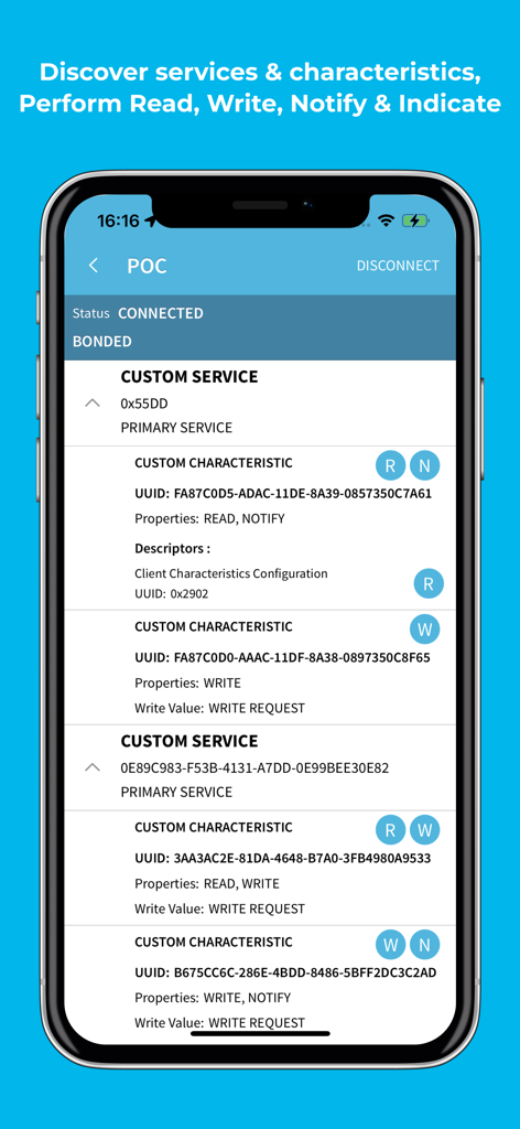 Interface of the BLE Scanner 4.0 app showing services and characteristics for a connected Bluetooth device including UUIDs and read write properties