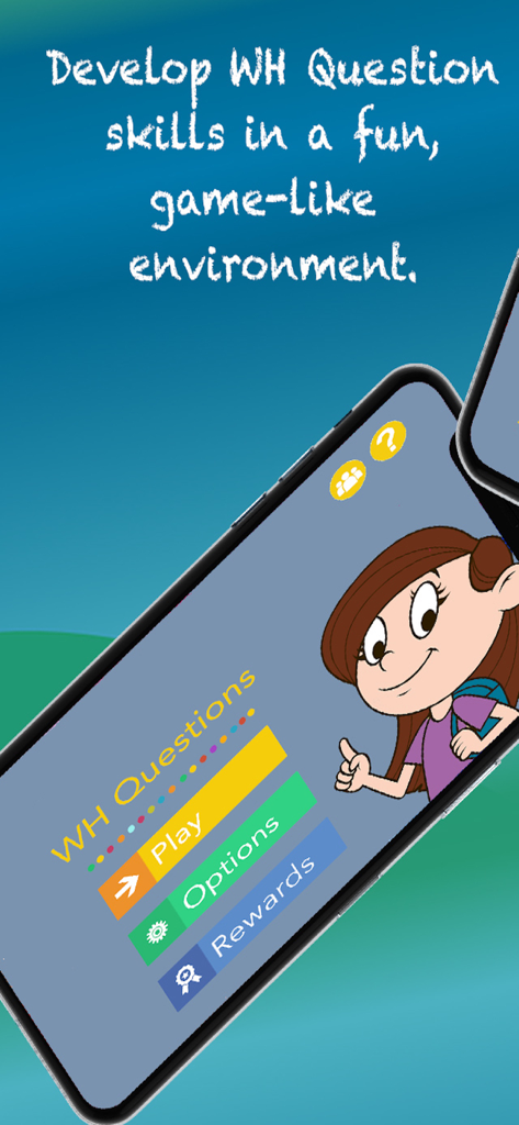 WH Questions app home screen with a cartoon girl and menu buttons for Play Options and Rewards
