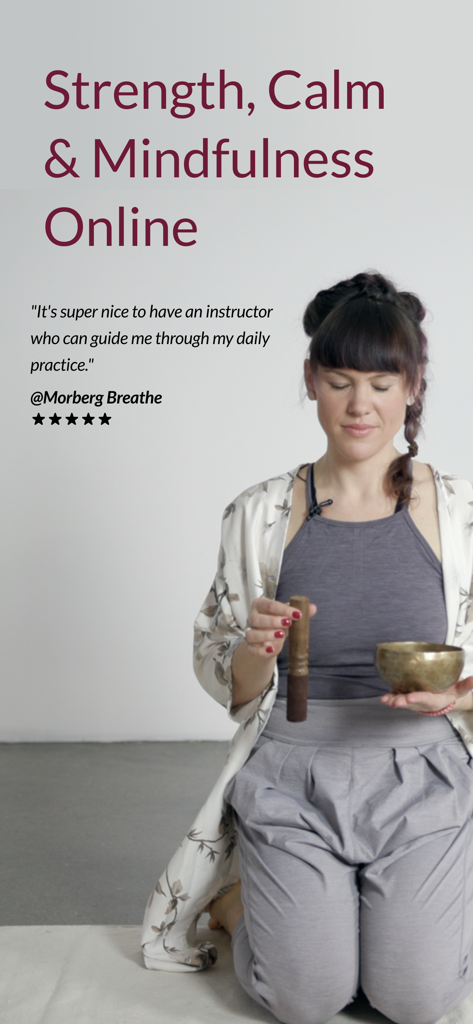 A woman meditating with a singing bowl and a five star user review for YogaStream.