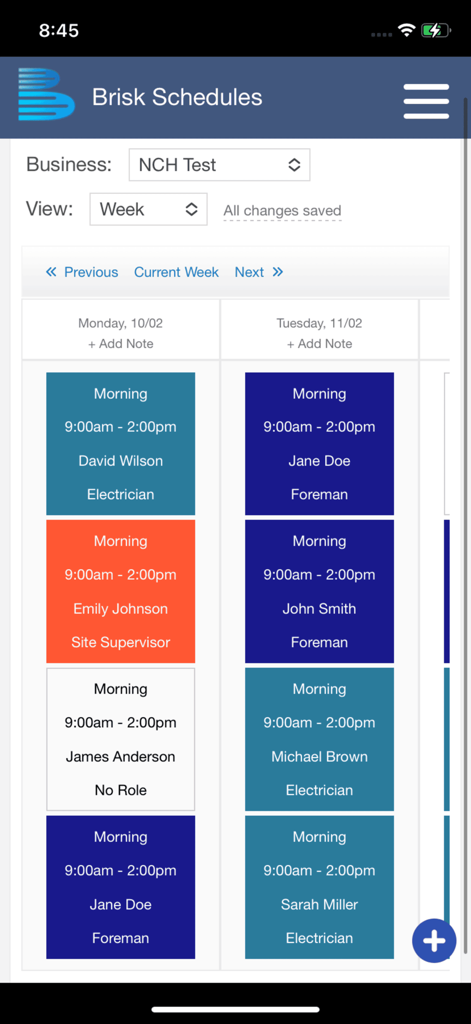 Brisk Schedules - Weekly employee shift schedule in the Brisk Schedules mobile app