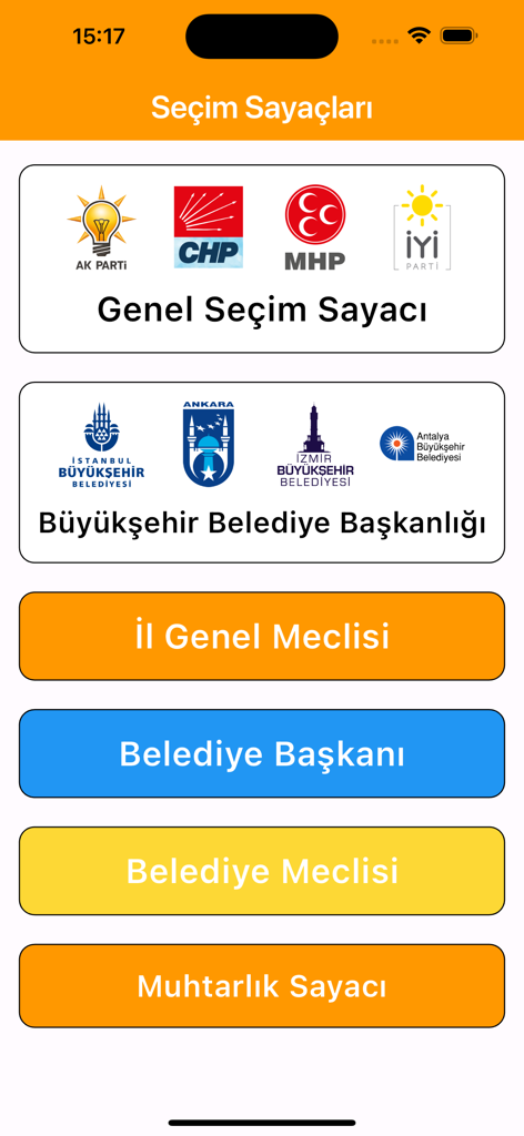 Hauptoberfläche der Secim Sayaci-App mit verschiedenen Wahlkategorien der Türkei, einschließlich allgemeiner und lokaler Wahlen