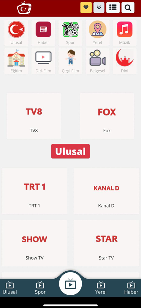 Canlı TV - TV Yayın Akışı - Interfaz de la aplicación Canli TV que muestra una lista de canales de televisión turcos nacionales y categorías de programas