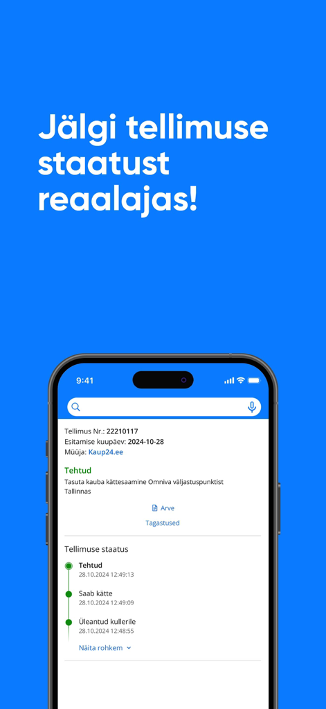 Screenshot of the Kaup24 mobile app showing the real-time order status tracking interface