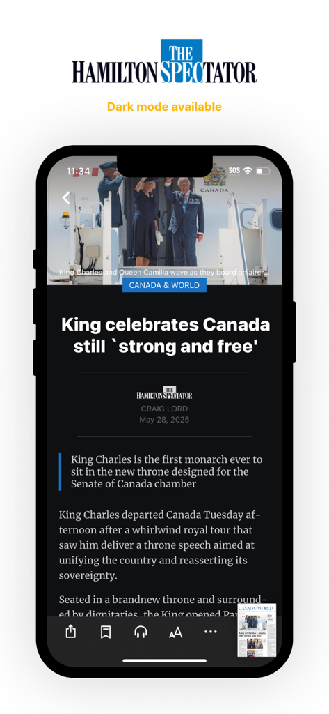 The Hamilton Spectator ePaper - The Hamilton Spectator ePaper app showing a news article about King Charles in dark mode on a smartphone screen.