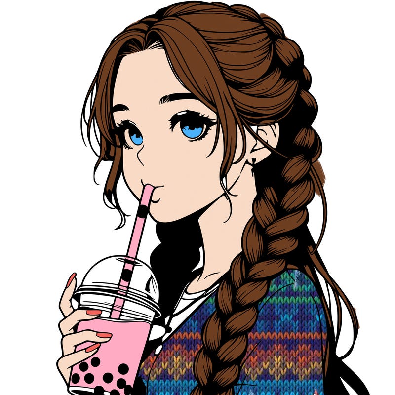 realistic girl with braided hair drinking boba