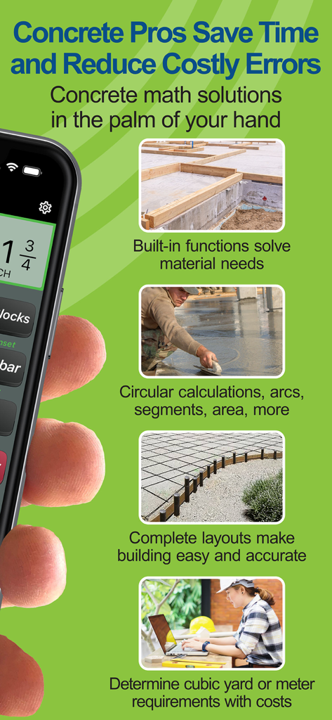 Concrete Calc Pro app overview showing material estimation, layout tools, and cubic yard calculations for construction professionals.