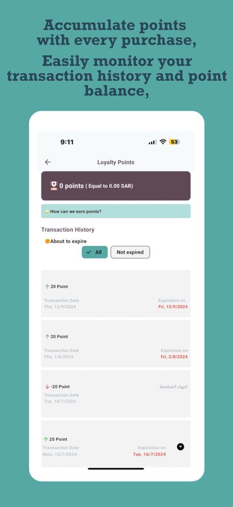 Yiji يجي - Yiji mobile app screen showing loyalty points balance and transaction history