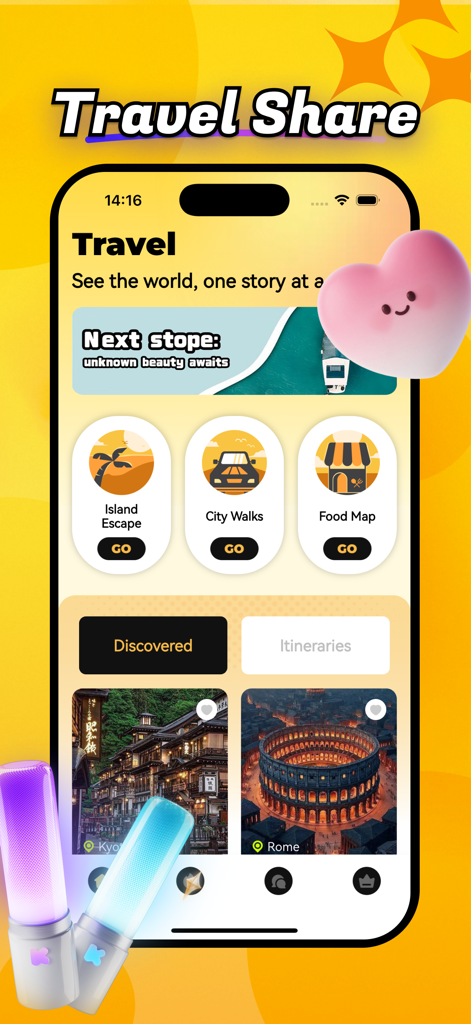 Jourry - Video Call, Live Chat - A mobile app screenshot of Jourry showing travel discovery categories like Island Escape, City Walks, and Food Map alongside featured destinations like Kyoto and Rome.