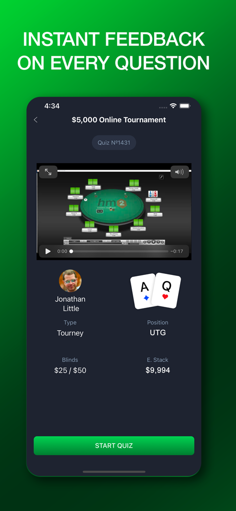 Interfaz de la aplicación Poker Coaching que muestra un cuestionario interactivo de manos para un torneo.